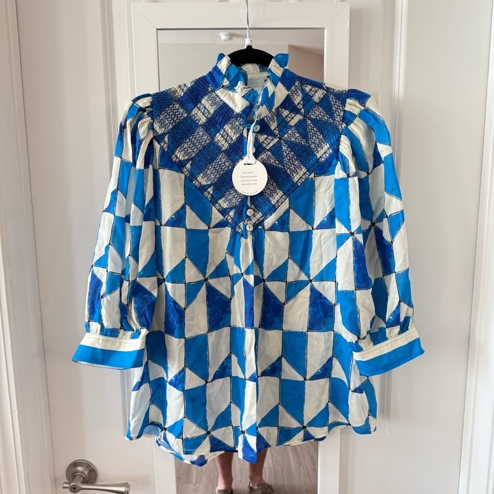 New Hope For Flowers Tracy Reese Blouse Size Large Color Blue White - Picture 2 of 5